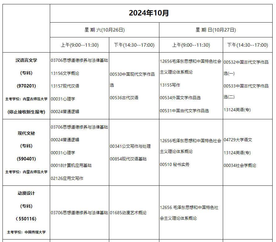 2024年10月內蒙古自治區(qū)高等教育自學考試筆試課程考試時間安排表及實踐課考試安排